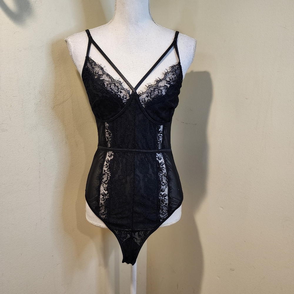 Black Strappy Lace Bodysuit Fits M
